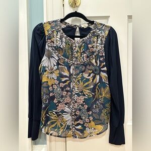 Anthropologie Floral Print Blouse with Navy Sleeves